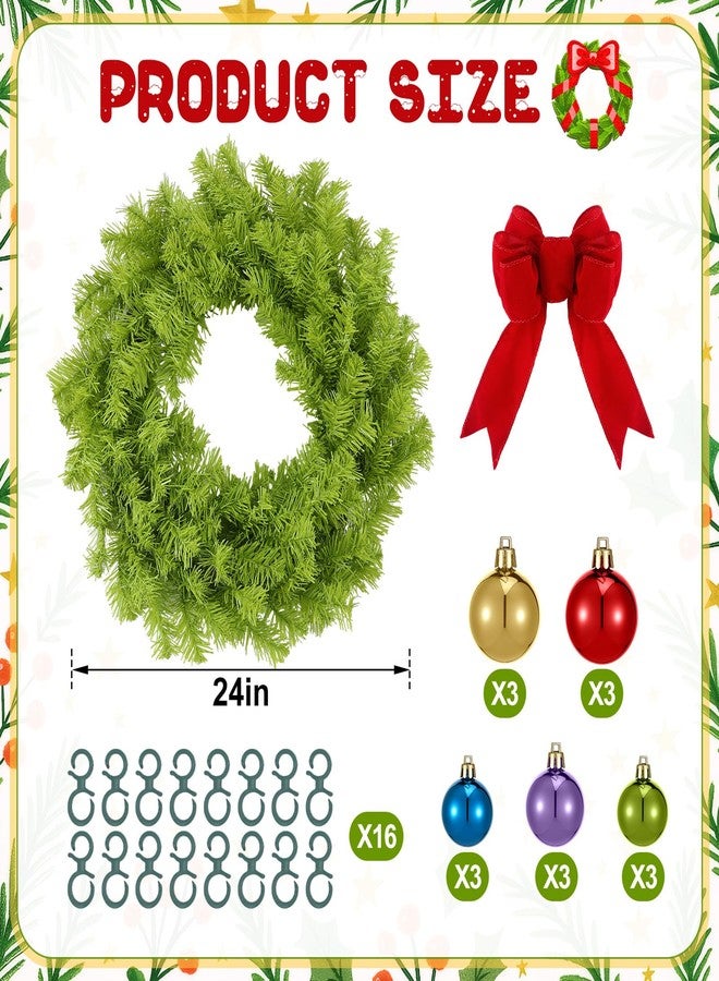 Daifunli 24 Inch Lime Green Christmas Wreath Large Red Bow and Colored Balls Ornaments Artificial Spruce Wreath for Xmas Winter Holiday Front Door Wall Windows Mantle Home Decoration - Image 3